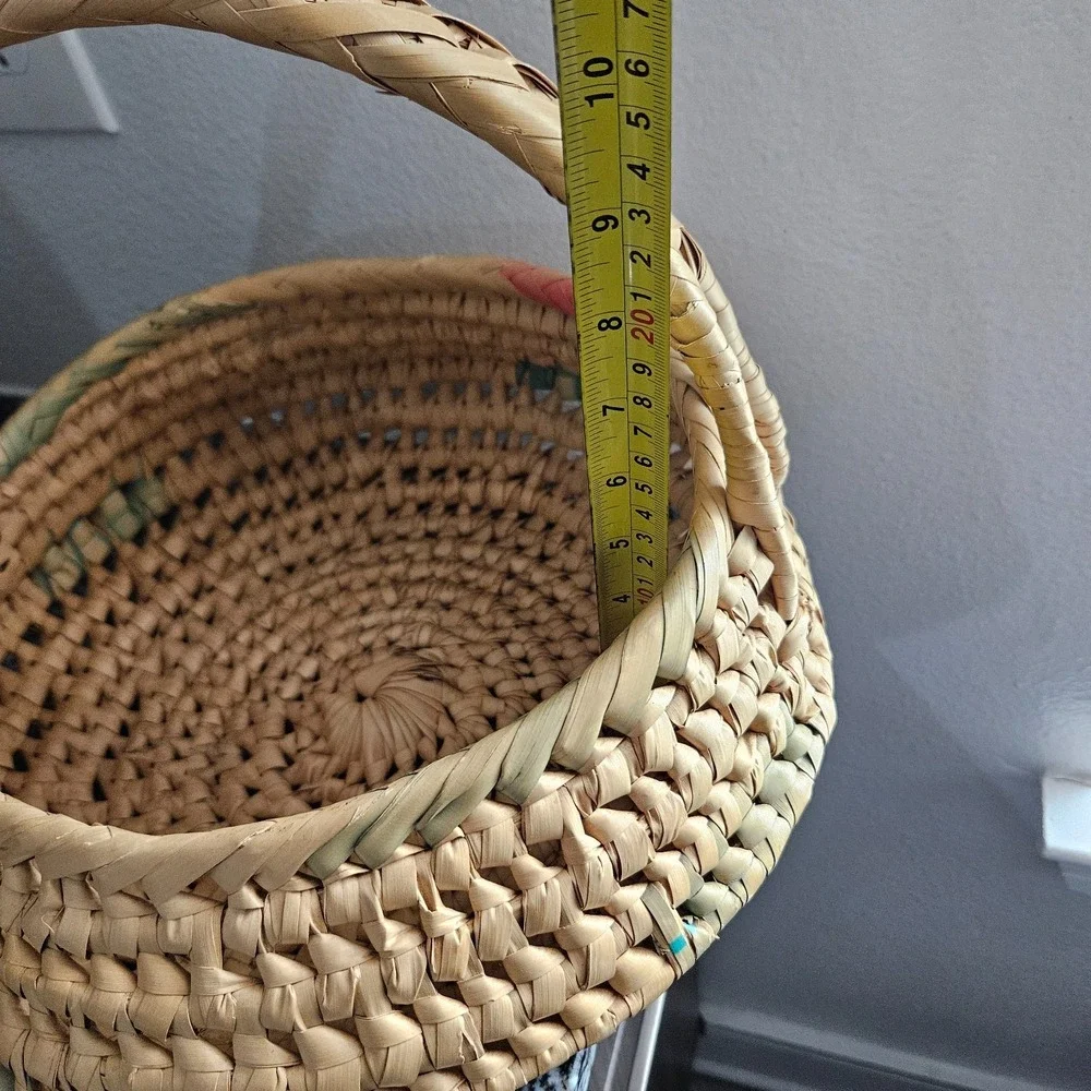Vintage Native American Coiled‎ Basket Bowl colorful pattern with Handles